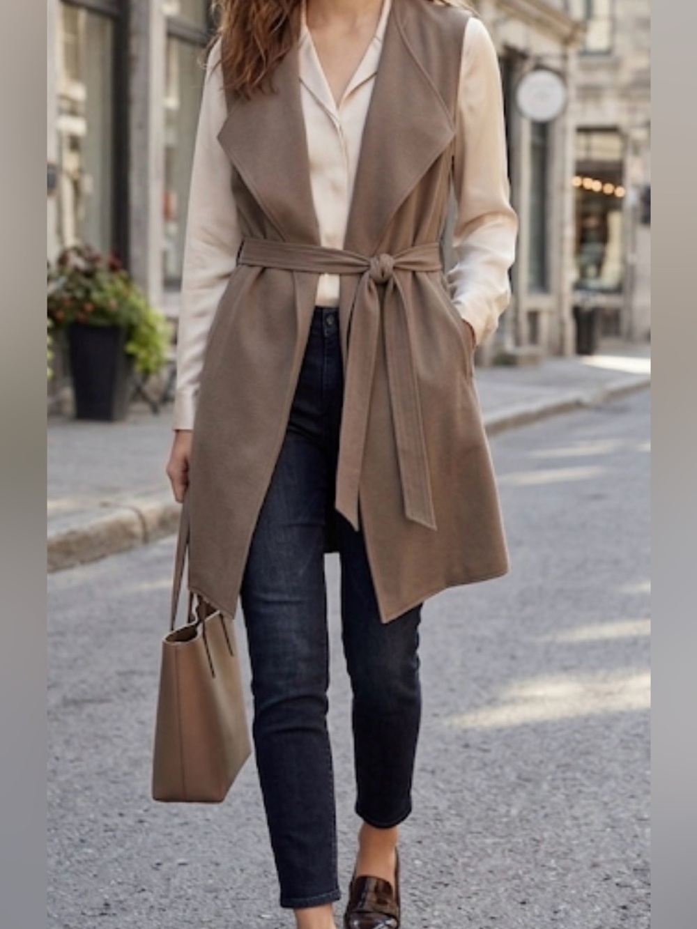 Aritzia Babaton Lawson Trench Vest Taupe Sleeveless Duster Belted Size Medium